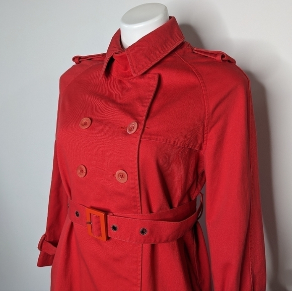 See By Chloe red belted collared cotton button closure trench coat jacket 6 - Picture 3 of 14